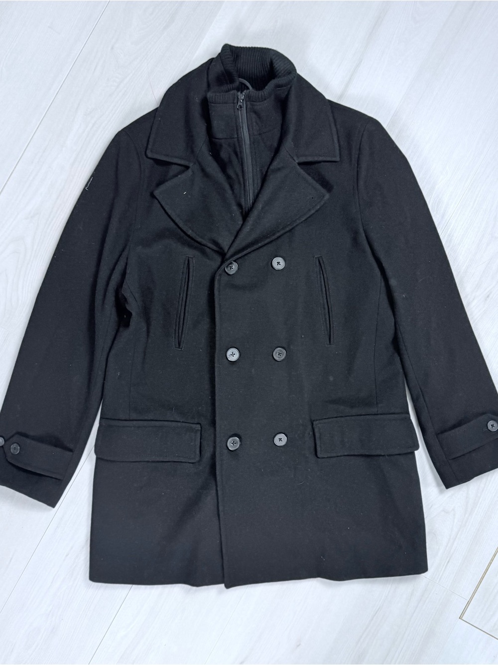 jf j.ferrar Men's Modern Black Double-Breasted Pea Coat with Zip Collar wool